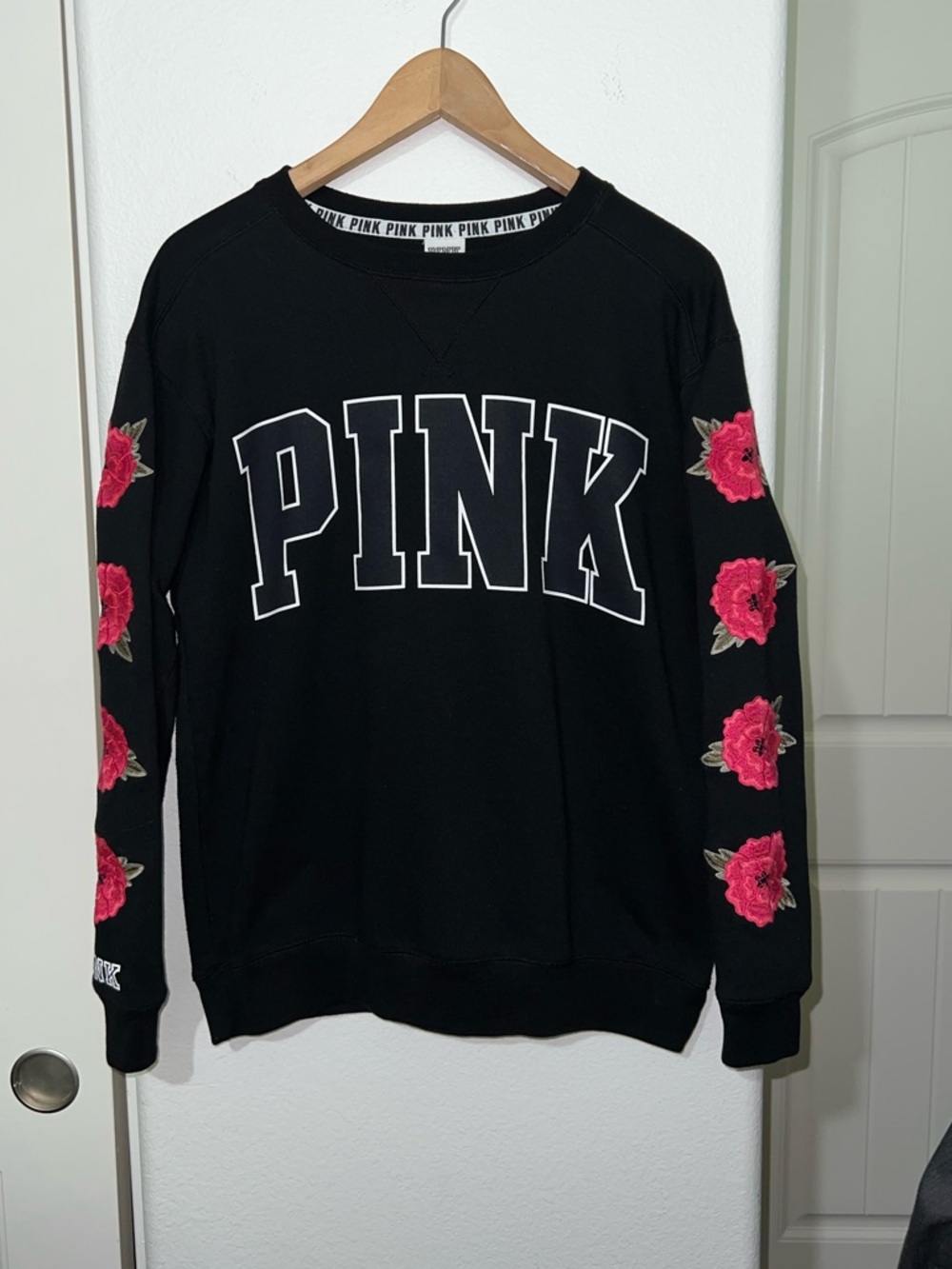 Victoria's Secret PINK Black Sweatshirt with Pink & Red Rose Sleeves